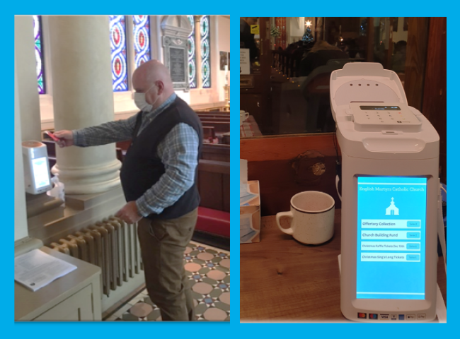 CollecTin More in a church with a man making a donation