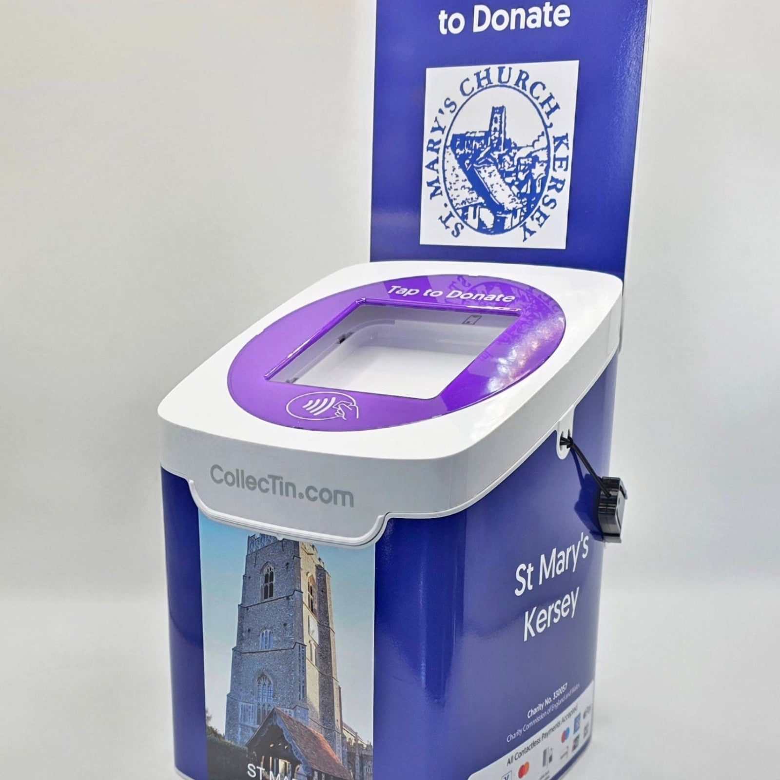 Donation box with electronic donation button and St Mary's Church Kersey branding on a white background