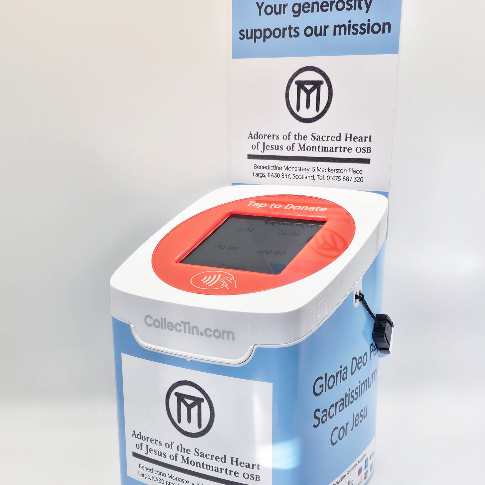 Donation collection box with digital display on a white background
