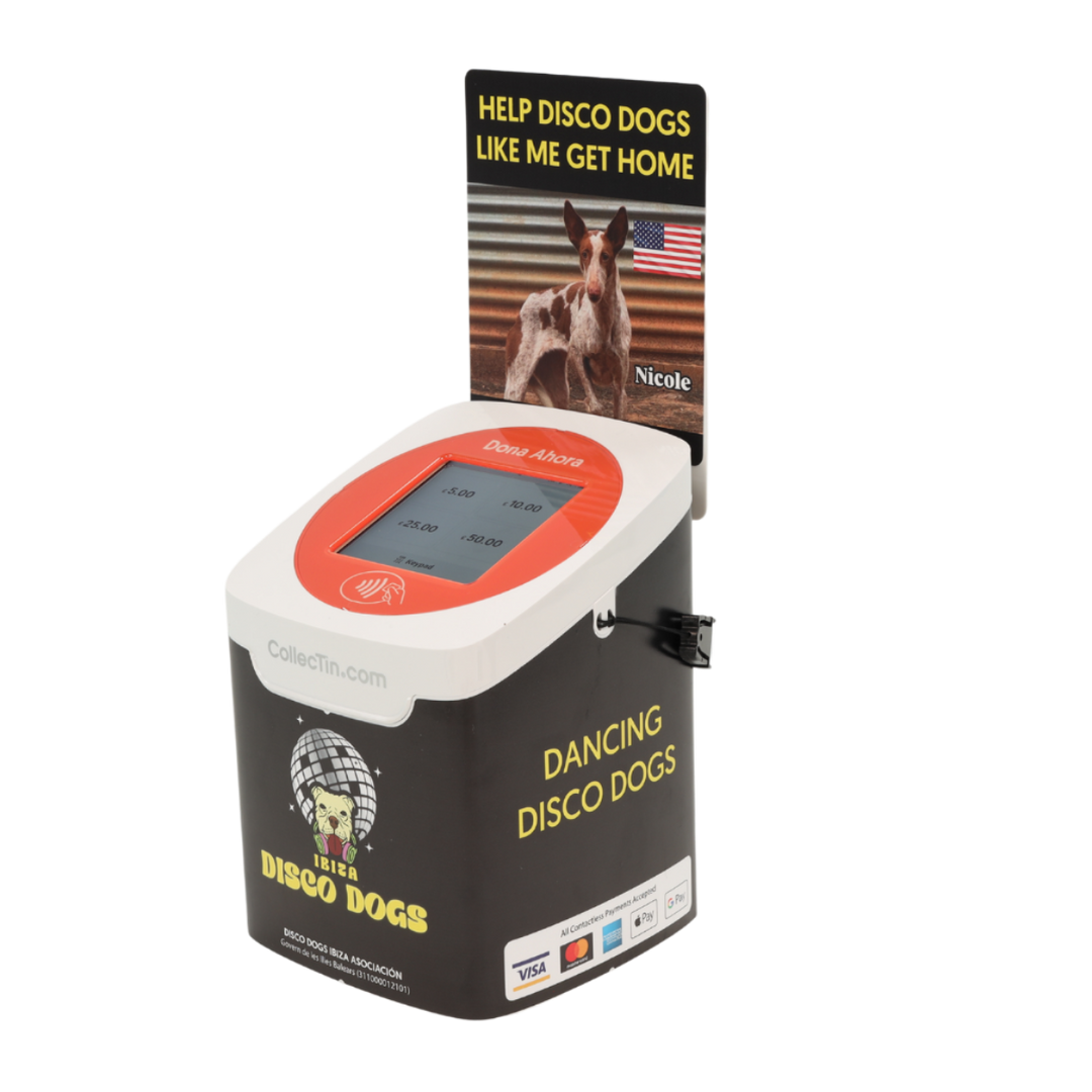 CollecTin Solo unit for 'IBIZA Disco Dogs' with a dog image and words Help Diso Dogs like me get home